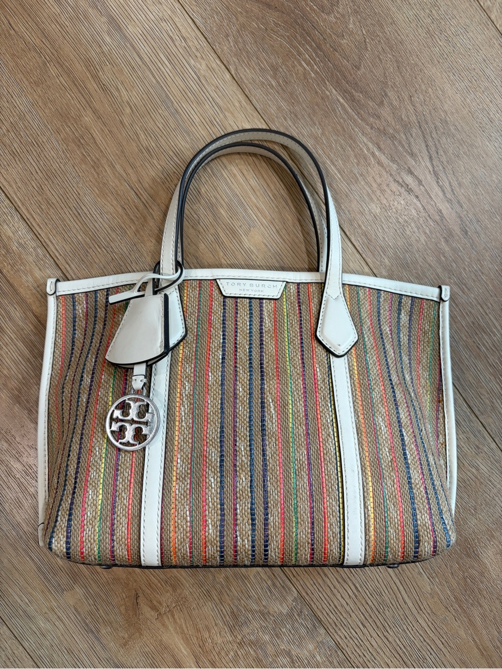 Tory Burch Small Perry Stripe Raffia Tote Multicolor Ivory Leather - Picture 5 of 12